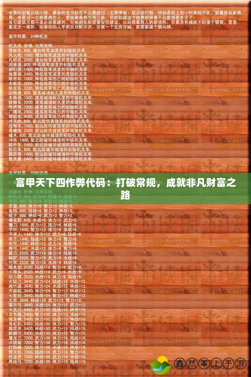 富甲天下四作弊代碼：打破常規(guī)，成就非凡財富之路