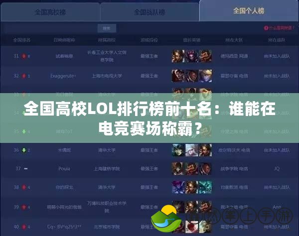 全國高校LOL排行榜前十名：誰能在電競賽場稱霸？